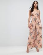 Asos Jumpsuit With Back Detail In Soft Floral Print - Pink