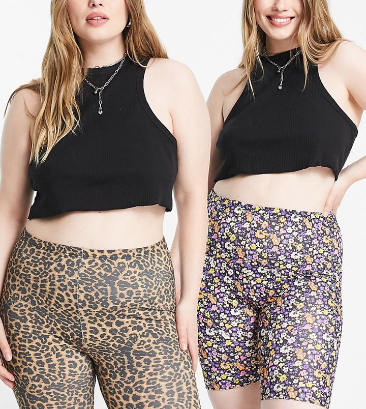 Only Curve 2 Pack Legging Shorts In Leopard And Floral-black