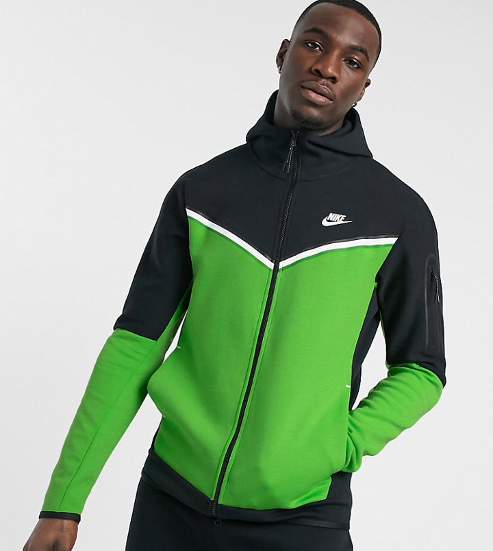Nike Tall Tech Fleece Full Zip Color Block Hoodie In Green And Black