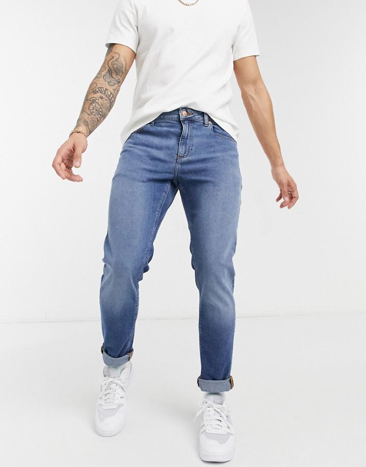 Asos Design Stretch Slim Jeans In 'less Thirsty' Mid Blue Wash-blues