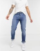 Asos Design Stretch Slim Jeans In 'less Thirsty' Mid Blue Wash-blues