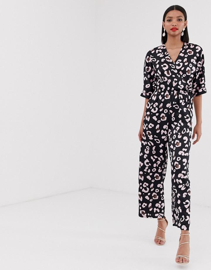 Liquorish Wrap Front Jumpsuit In Navy Leopard Print - Navy