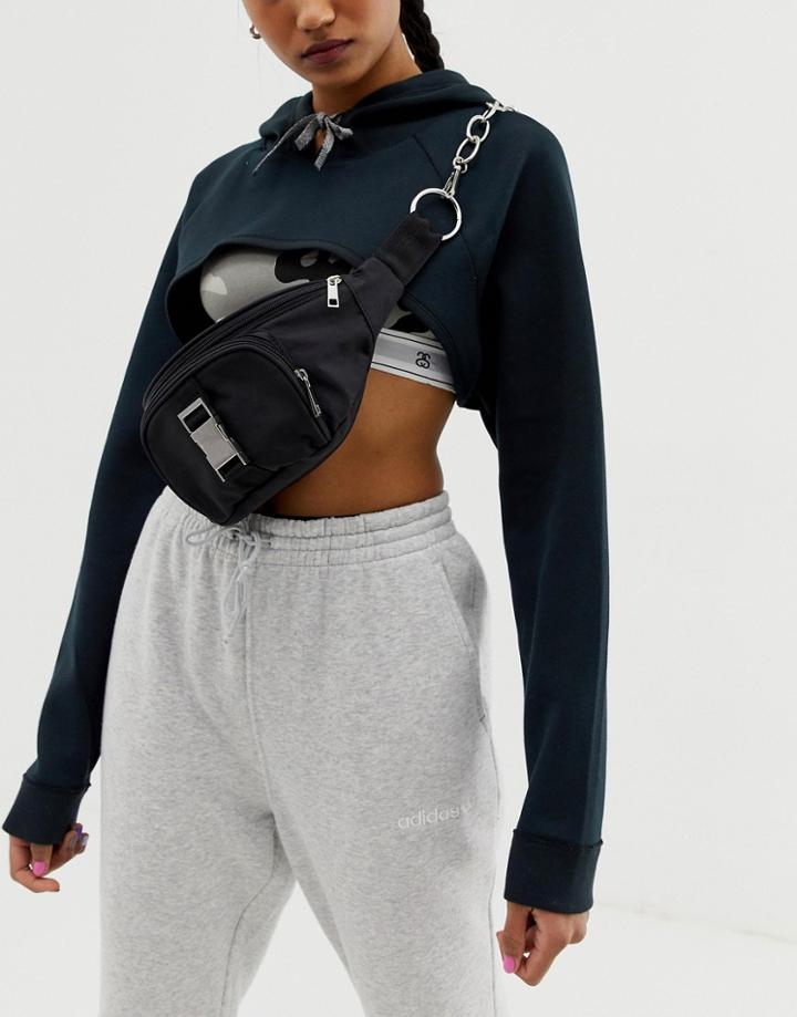 Asos Design Seat Belt Buckle And Chain Detail Fanny Pack-black