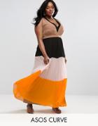 Asos Curve Pleated Plunge Color Block Maxi Dress - Multi