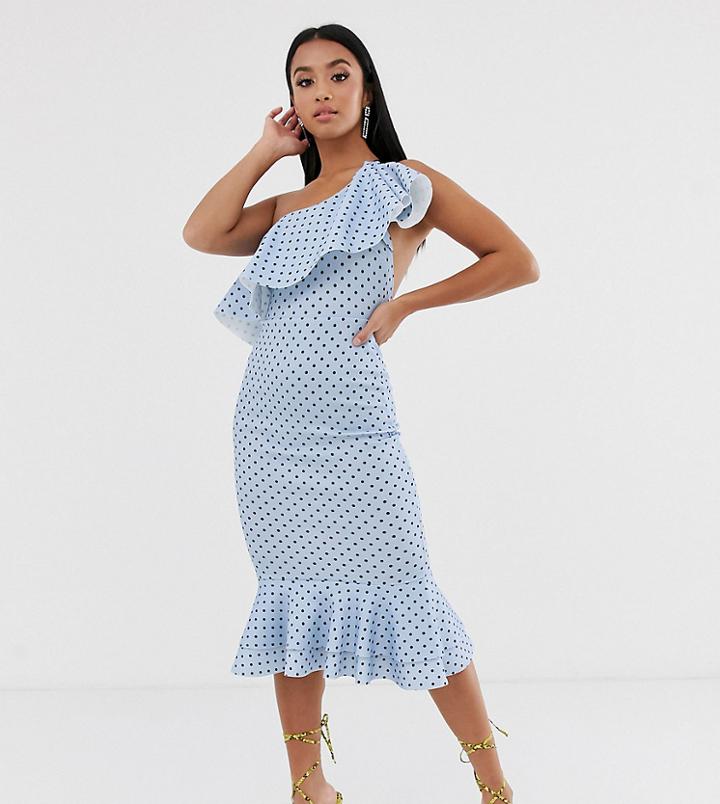 Asos Design Petite Ruffle One Shoulder Midi Dress With Grosgrain Straps In Polka Dot-multi