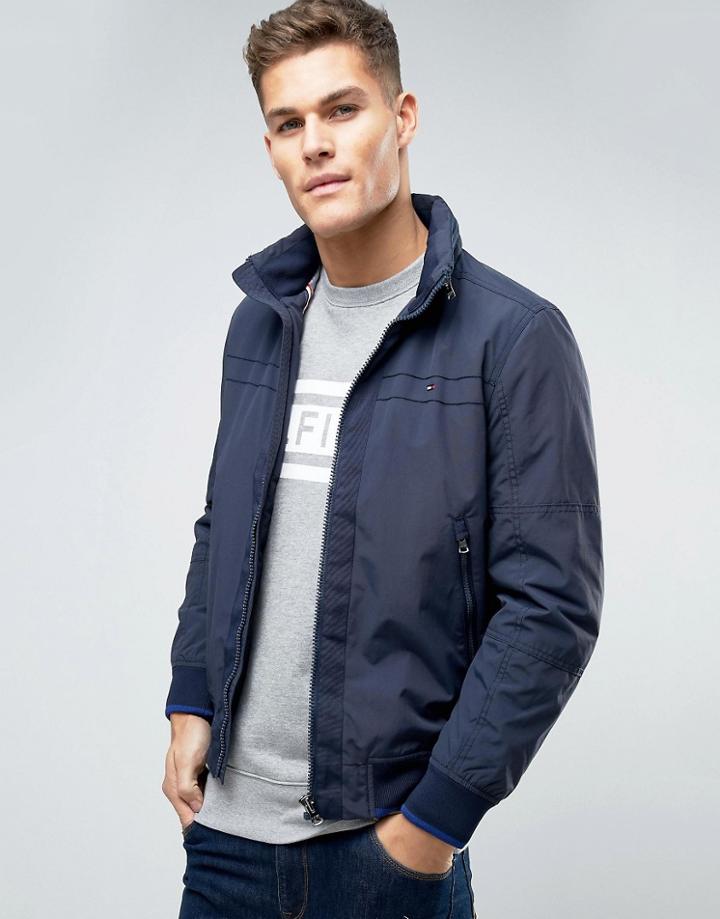 Tommy Hilfiger Rick Nylon Bomber Jacket Concealed Hood - Navy