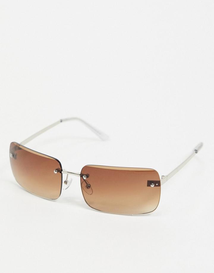 Asos Design 90s Rimless Mid-size Square Sunglasses With Gradient Lens In Brown