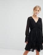 Current Air Mesh Overlay Ruffle Layer Midi Dress-black
