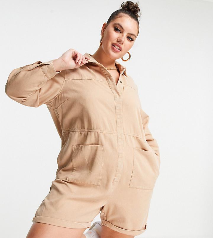 Noisy May Curve Denim Romper In Beige-neutral