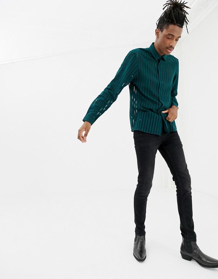 Asos Design Regular Fit Stripe Shirt In Green Satin - Green