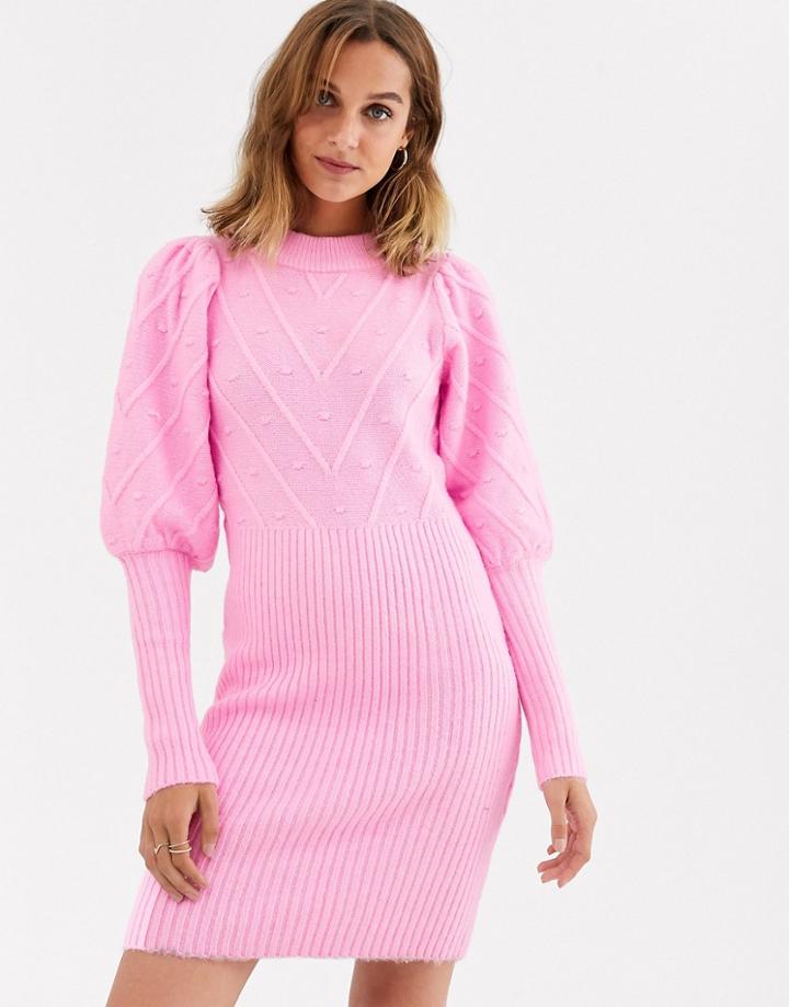River Island Knitted Dress With Puff Sleeves And Stitch Detail In Pink