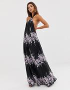 Asos Design Halter Neck Trapeze Maxi Dress In Placed Linear Floral - Multi