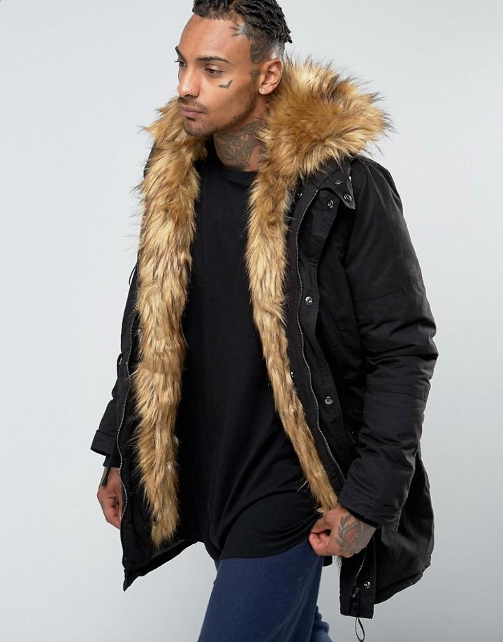 Sixth June Parka With Faux Fur Hood And Lining - Black
