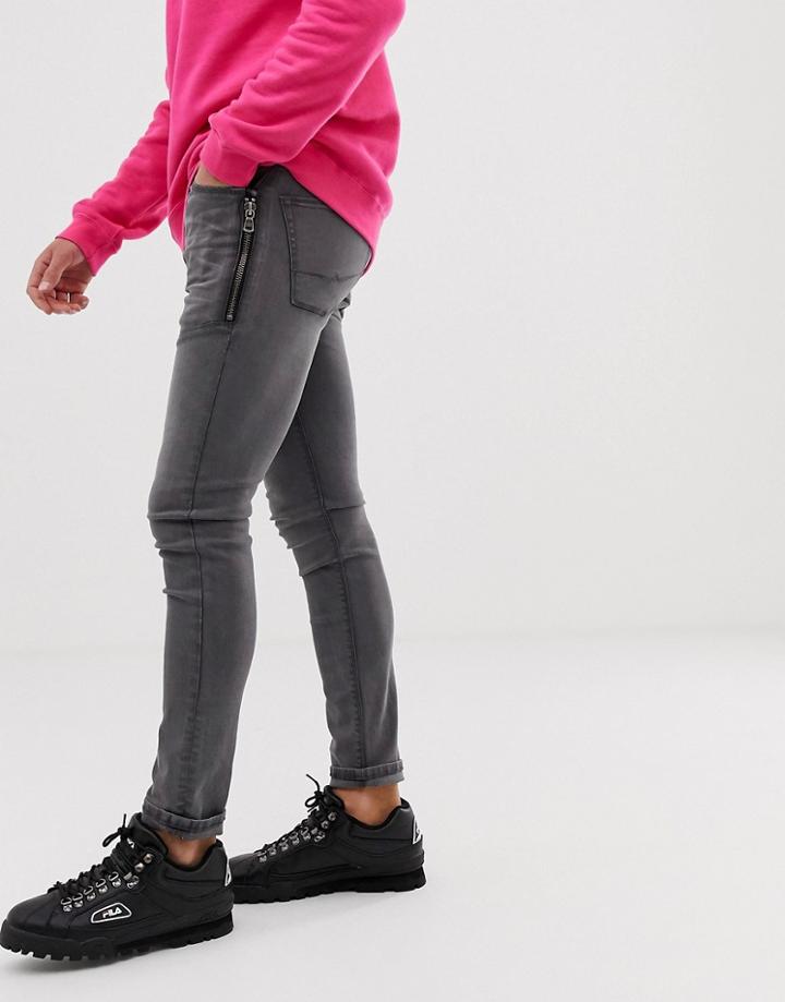Asos Design Super Skinny Jean With Zip Detail In Washed Black - Black