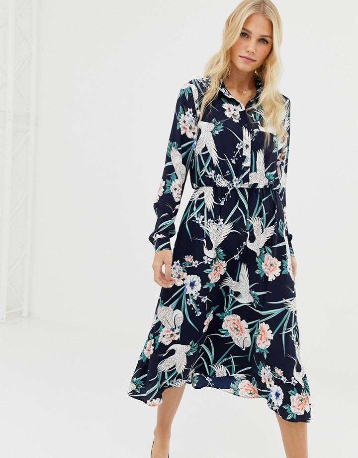 Liquorish Bird And Floral Print Midi Shirt Dress - Navy