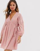 Asos Design V Front V Back Mini Smock Dress In Texture With Long Sleeves-pink