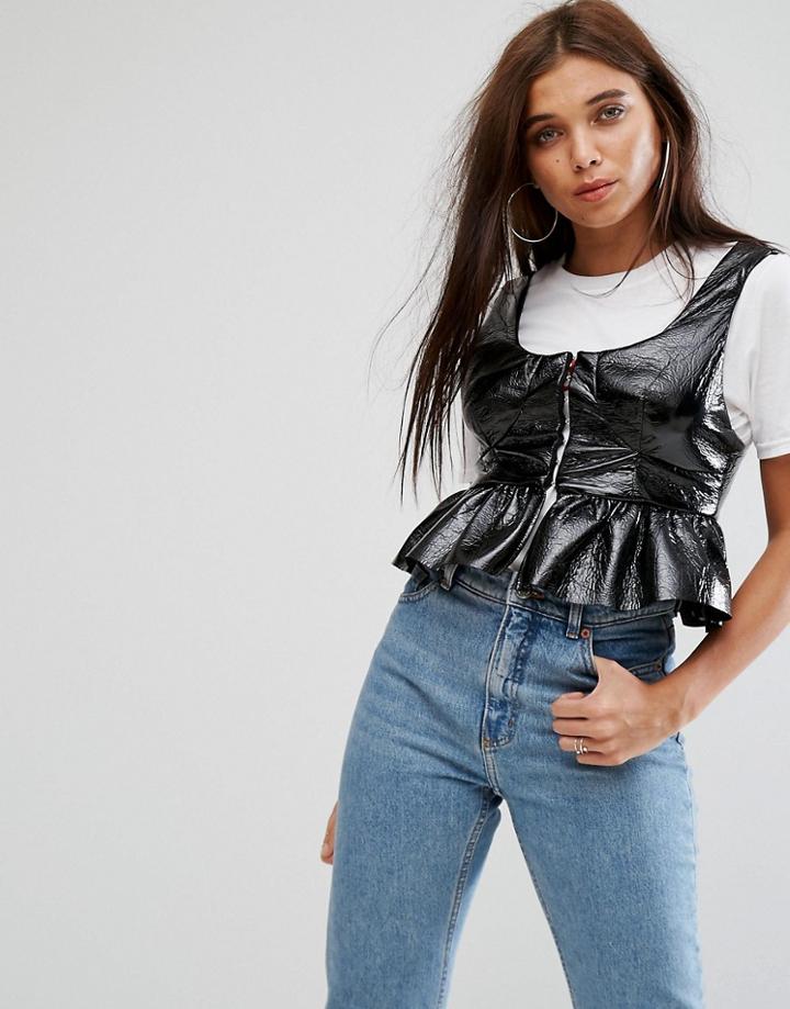 Missguided Leather Look Peplum Crop Top - Black