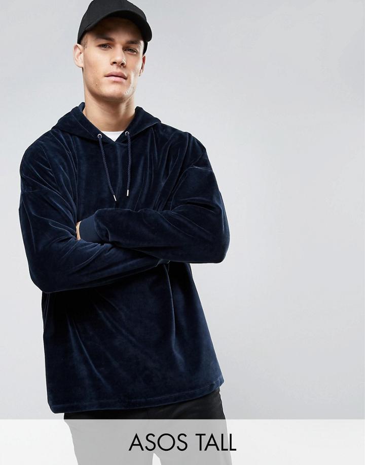Asos Tall Extreme Oversized Hoodie In Velour - Navy