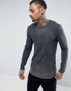 Asos Longline Muscle Long Sleeve T-shirt With Oil Wash And Curved Hem - Brown