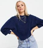 Asos Design Petite Boxy Sweater With Crew Neck In Blue-blues