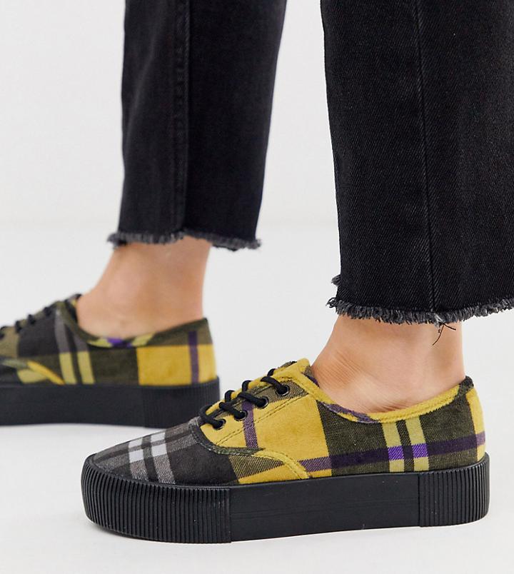 Monki Check Print Platform Plimsolls In Yellow - Yellow