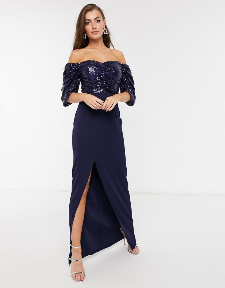 Virgos Lounge Off-shoulder Embellished Drape Maxi Dress With Thigh Slit In Navy