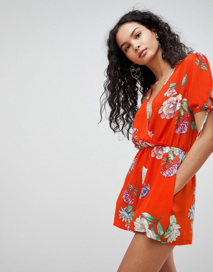 Qed London Floral Print Romper - Red
