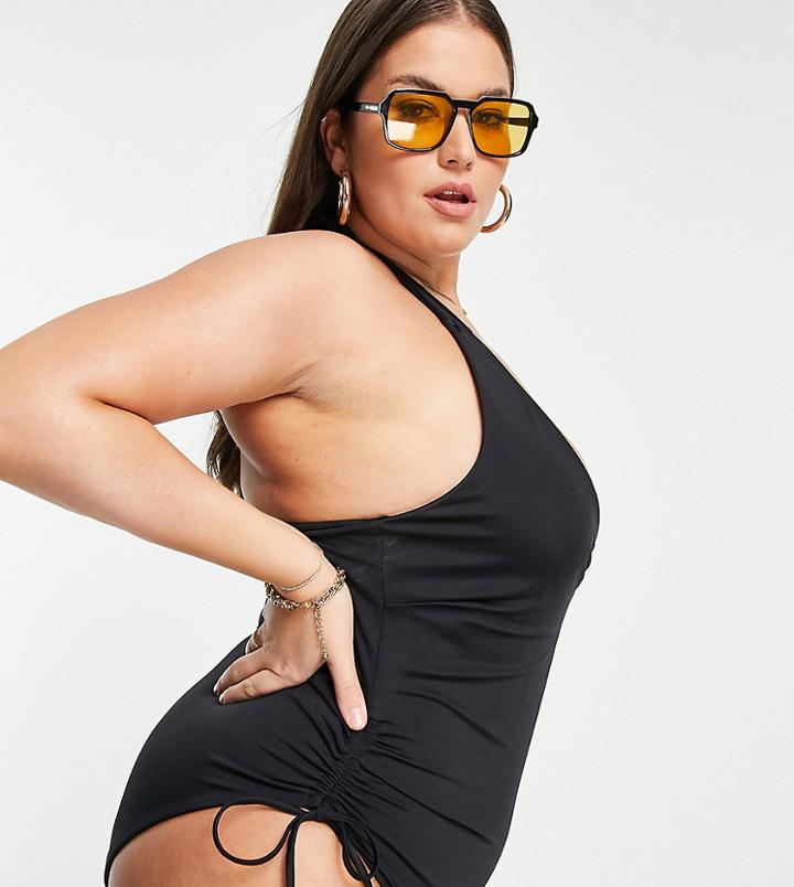Asos Design Curve Recycled Adjustable Leg Halter Swimsuit In Black