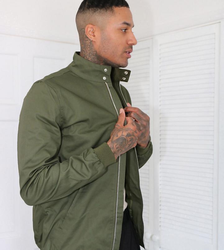 Asos Design Tall Harrington Jacket With Funnel Neck In Khaki-green