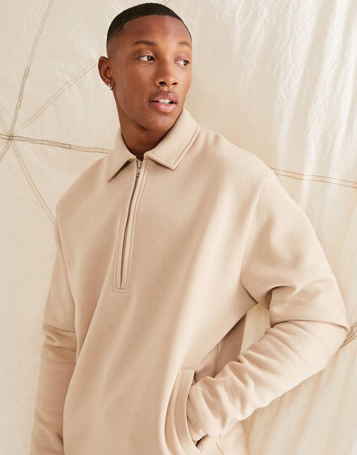Asos Design Oversized Polo Sweatshirt With Zip Collar In Beige-neutral