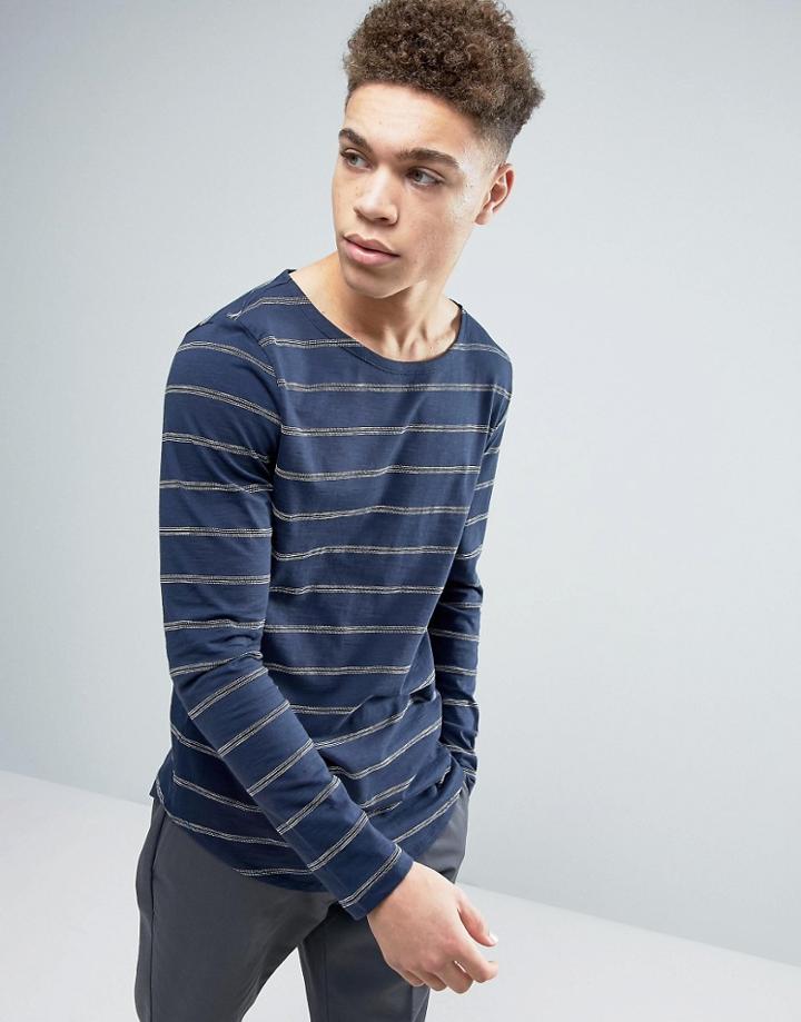 Asos Stripe Longline Long Sleeve T-shirt With Curve Hem - Navy