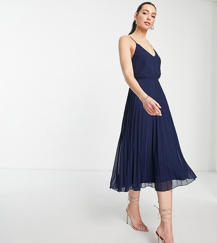 Asos Design Tall Pleated Cami Midi Dress With Drawstring Waist In Navy