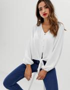 Asos Design Long Sleeve Button Front Top With Tie Detail-white