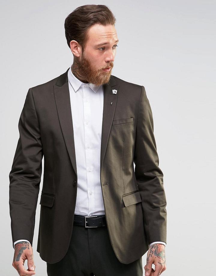 Asos Skinny Blazer In Cotton - Dark Khaki
