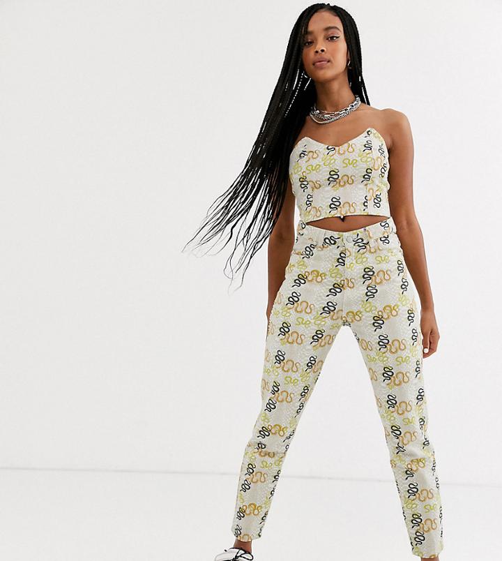 One Above Another High Waist Mom Jeans In Snake Print Denim Two-piece-cream