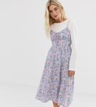 New Look Midi Dress With Tie Front In Ditsy Floral Print - Multi