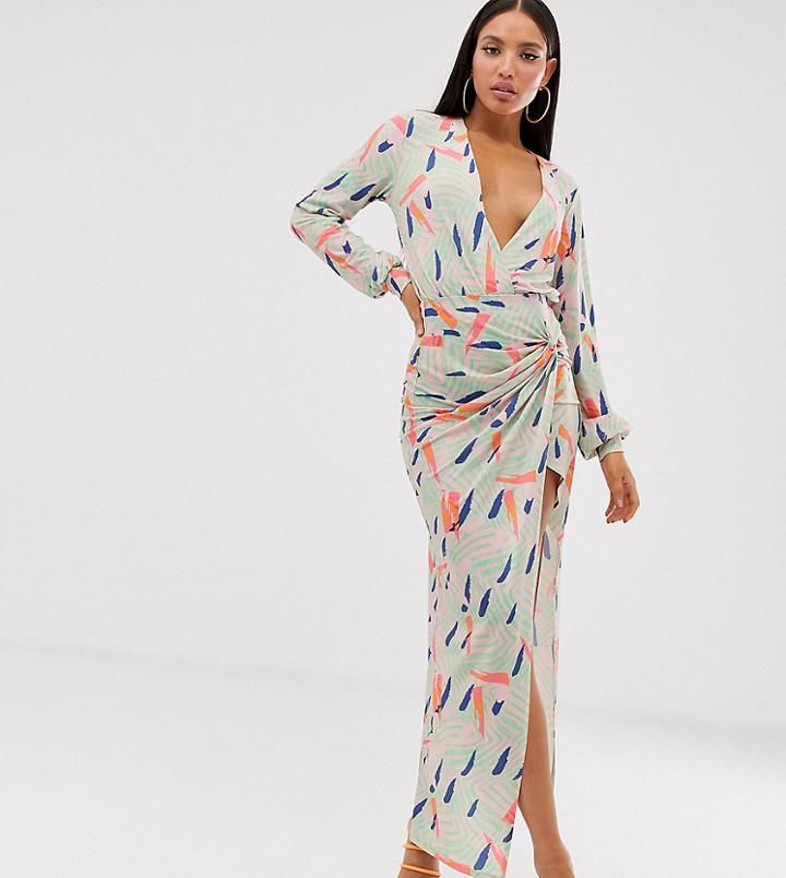 Flounce London Tall Ruched Midi Skirt In Multi Print - Multi