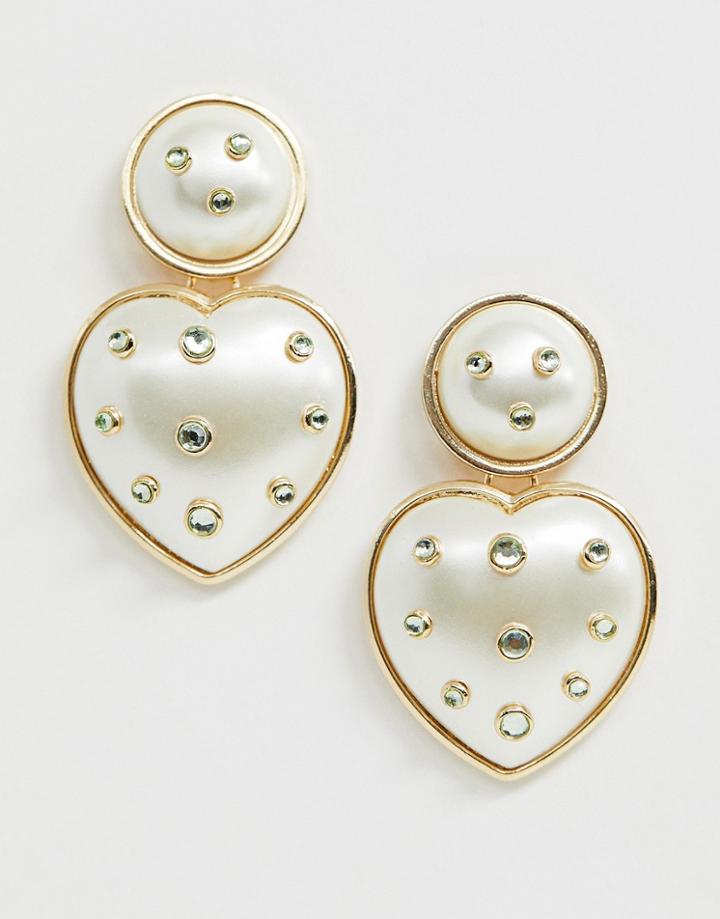 Asos Design Vintage Style Earrings With Pearl Heart Drop In Gold Tone - Gold