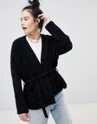 Pull & Bear Chenille Tie Waist Cardi With Pockets In Black - Black
