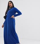 Verona Curve Long Sleeved Jersey Maxi Dress With Pleat In Blue