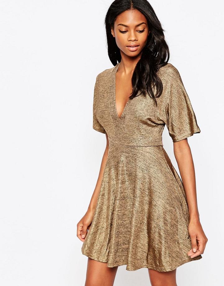 Ax Paris Metallic Skater Dress With Kimono Sleeves - Gold