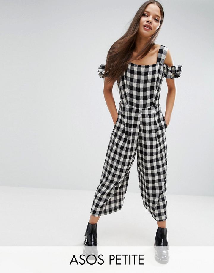 Asos Petite Jumpsuit In Gingham With Cold Shoulder Detail - Multi