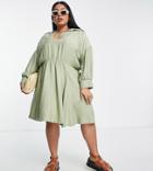 Asos Design Curve Shirt Mini Skater Dress With Flare Skirt In Khaki-green