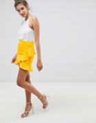 Asos Design Mini Skirt With Frill Hem In Scuba - Yellow