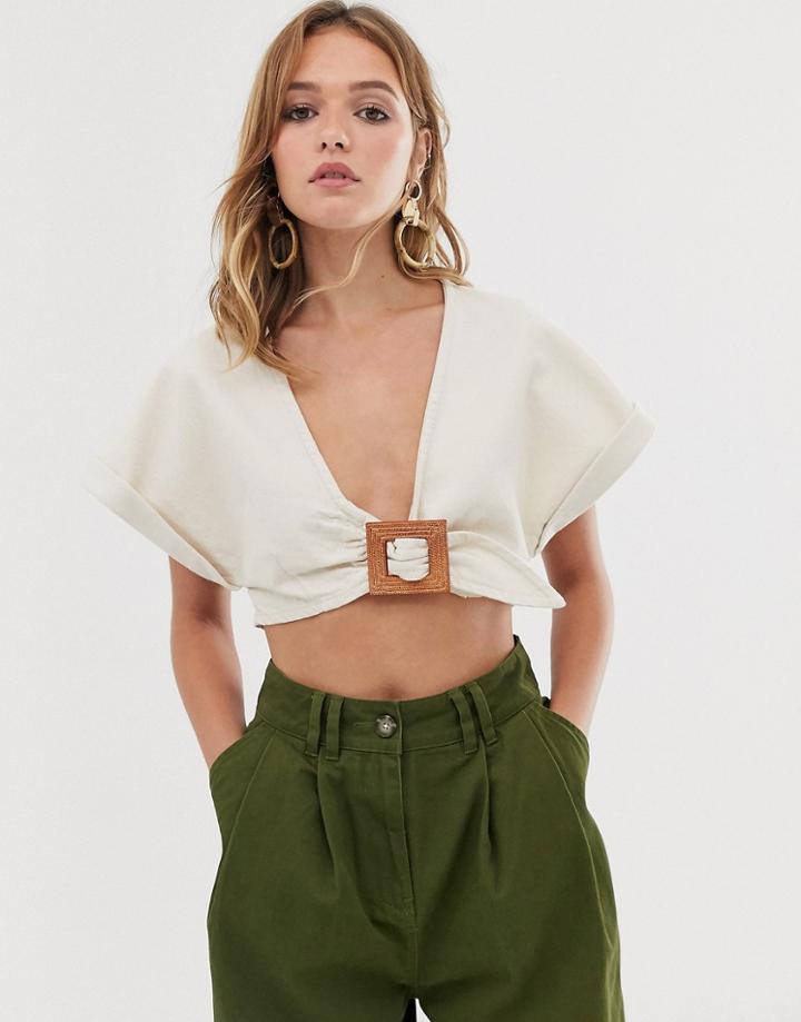 Asos Design Denim Kimono Sleeve Buckle Front Top-cream