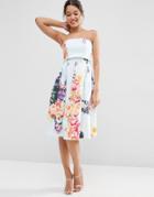 Asos Fold Over Bandeau Mini Prom Dress In Placed Bouquet Floral - Blue