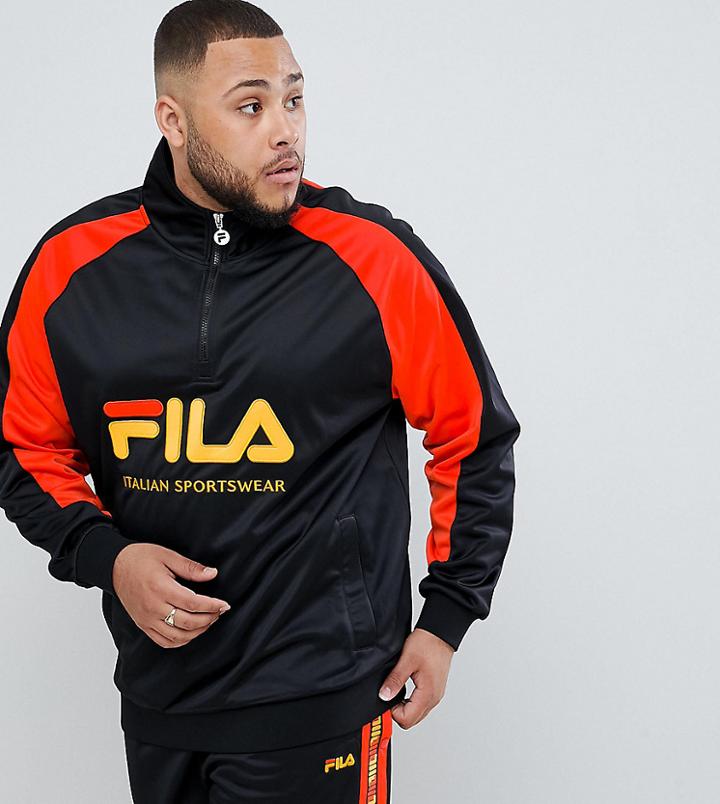 Fila Plus 1/4 Zip Track Poly Tricot Sweatshirt With Large Logo In Black - Black