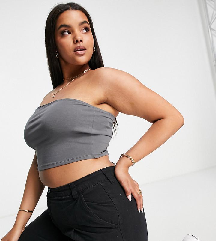 Asos Design Curve Ultimate Bandeau Crop Top In Cotton In Shark Gray - Gray