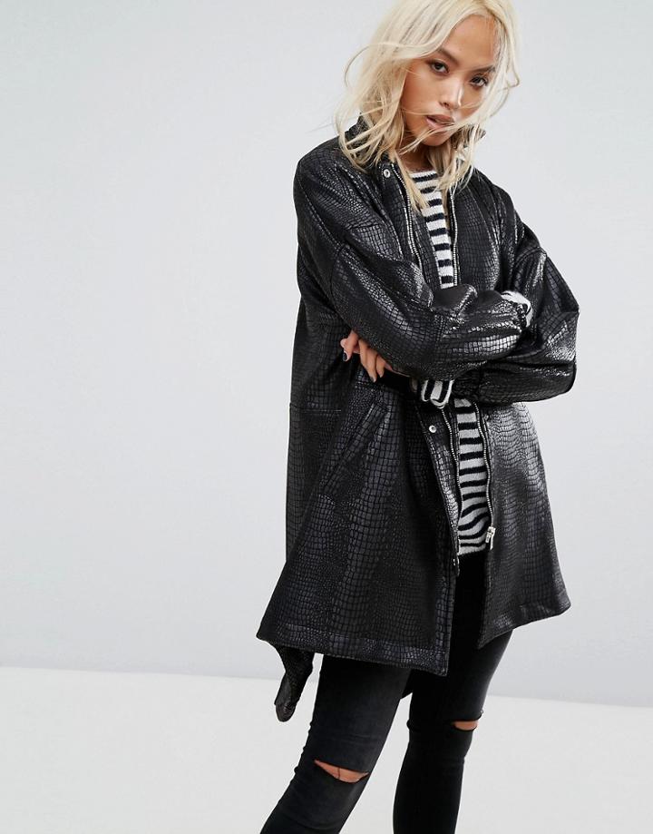 Religion Relaxed Trench Jacket With High Neck In Faux Croc Texture - Black