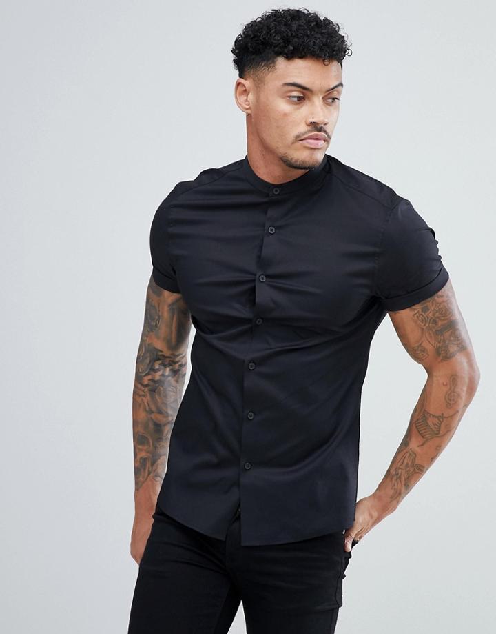 Asos Design Skinny Shirt With Grandad Collar In Black